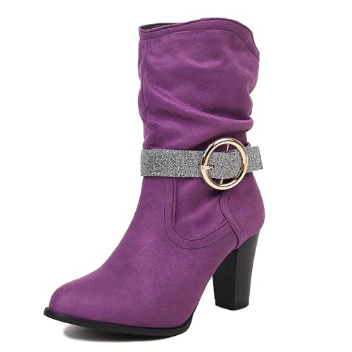 Bviennic Damen Stiefeletten Hohen Blockabsatz Mode Runde Zehen Ohne Verschluss Daily 2244 Violett Gr 36 EU von Bviennic