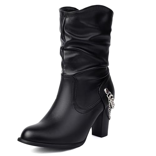 Bviennic Damen Stiefeletten Hohen Blockabsatz Mode Runde Zehen Ohne Verschluss Party 2381 Schwarz-P Gr 34 EU von Bviennic