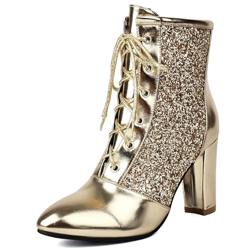 Bviennic Damen Stiefeletten Hohen Blockabsatz Mode Runde Zehen Schnüren Abend Stiefeletten 2455 Gold Gr 40.5 EU/42Cn von Bviennic