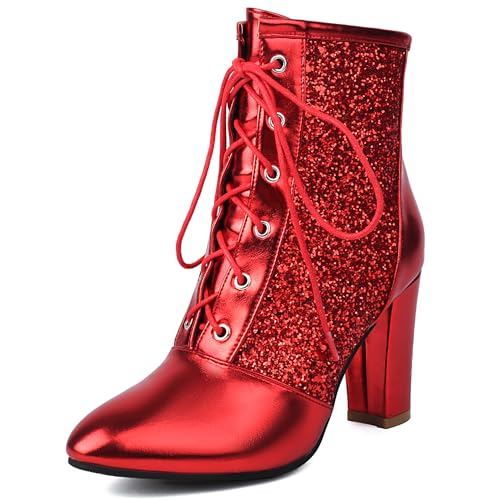 Bviennic Damen Stiefeletten Hohen Blockabsatz Mode Runde Zehen Schnüren Abend Stiefeletten 2455 Rot Gr 39 EU/40Cn von Bviennic