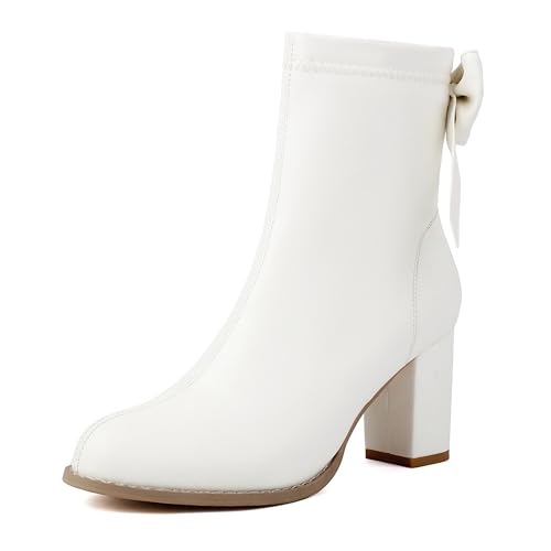 Bviennic Damen Stiefeletten Hohen Blockabsatz Mode Runde Zehen Zip Abend Stiefeletten 2229 Weiß Gr 45 EU/47Cn von Bviennic