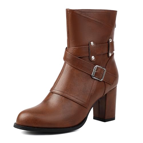 Bviennic Damen Stiefeletten Hohen Blockabsatz Mode Runde Zehen Zip Abend Stiefeletten 2230 Braun Gr 39 EU/40Cn von Bviennic