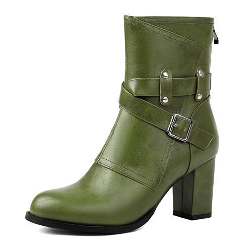 Bviennic Damen Stiefeletten Hohen Blockabsatz Mode Runde Zehen Zip Abend Stiefeletten 2230 Grün Gr 40.5 EU/42Cn von Bviennic