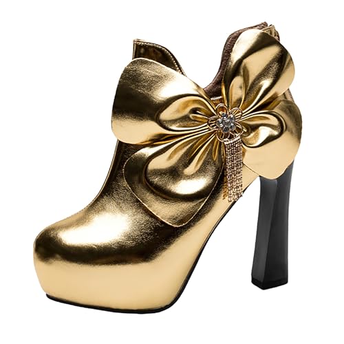 Bviennic Damen Stiefeletten Hohen Blockabsatz Mode Runde Zehen Zip Party Stiefeletten 2200 Gold Gr 38 EU/39Cn von Bviennic