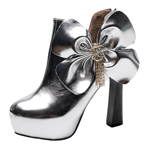 Bviennic Damen Stiefeletten Hohen Blockabsatz Mode Runde Zehen Zip Party Stiefeletten 2200 Silber Gr 35 EU von Bviennic