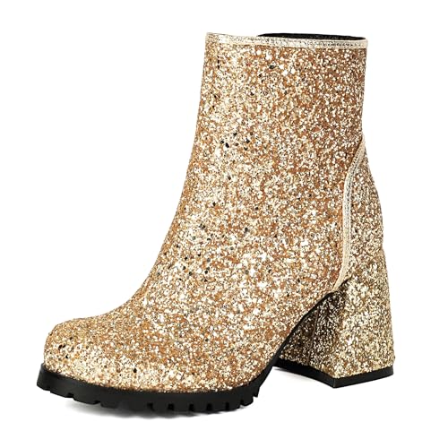 Bviennic Damen Stiefeletten Hohen Blockabsatz Mode Runde Zehen Zip Party Stiefeletten 2335 Gold Gr 40.5 EU/42Cn von Bviennic