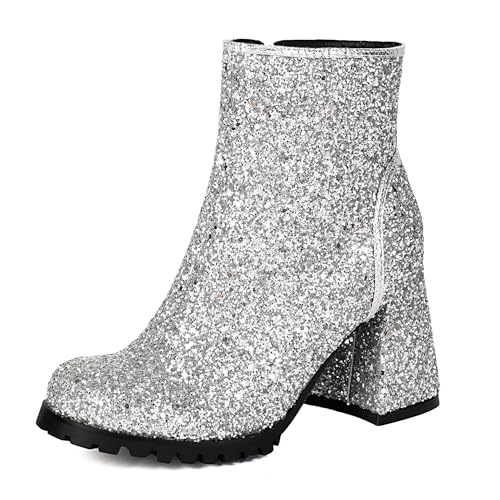 Bviennic Damen Stiefeletten Hohen Blockabsatz Mode Runde Zehen Zip Party Stiefeletten 2335 Silber Gr 36.5 EU/37Cn von Bviennic