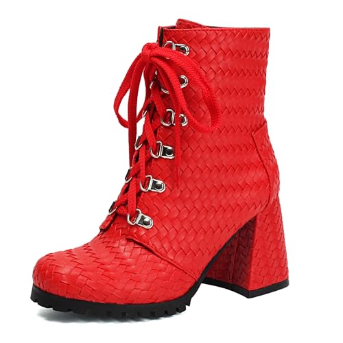 Bviennic Damen Stiefeletten Hohen Blockabsatz Simple Runde Zehen Schnüren Slouch 2337 Rot Gr 40.5 EU/42Cn von Bviennic