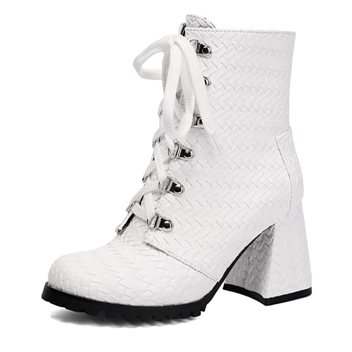 Bviennic Damen Stiefeletten Hohen Blockabsatz Simple Runde Zehen Schnüren Slouch 2337 Weiß Gr 44 EU/46Cn von Bviennic