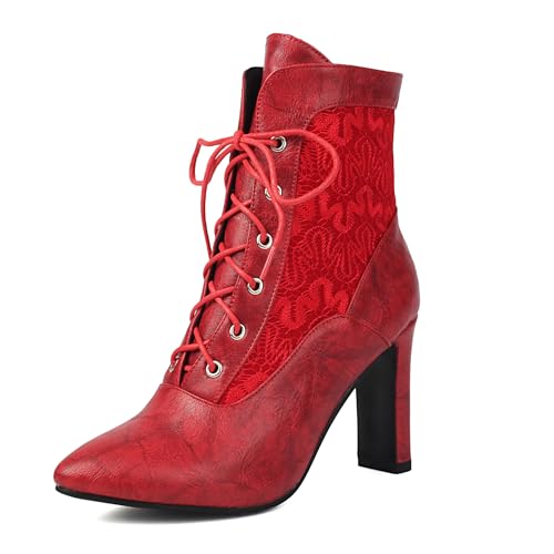 Bviennic Damen Stiefeletten Hohen Blockabsatz Solid Almond Toe Schnüren Kleid Stiefeletten 2454 Rot Gr 39 EU/40Cn von Bviennic