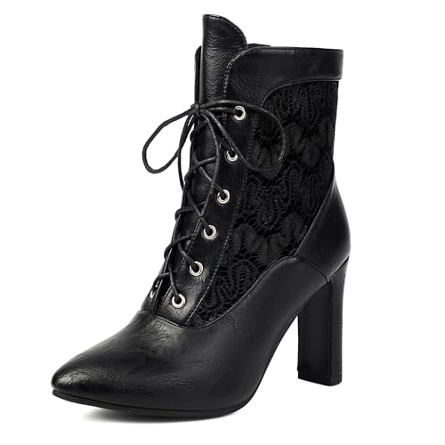 Bviennic Damen Stiefeletten Hohen Blockabsatz Solid Almond Toe Schnüren Kleid Stiefeletten 2454 Schwarz Gr 38 EU/39Cn von Bviennic