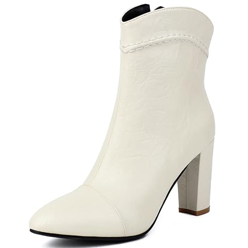 Bviennic Damen Stiefeletten Hohen Blockabsatz Solid Runde Zehen Zip Abend Stiefeletten 2456 Weiß Gr 38 EU/39Cn von Bviennic
