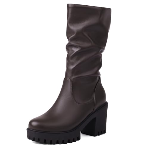 Bviennic Damen Stiefeletten Hohen Blockabsatz mit Plateau Klassische Runde Zehen Ohne Verschluss Party Stiefeletten 2272 Braun Gr 36.5 EU/37Cn von Bviennic