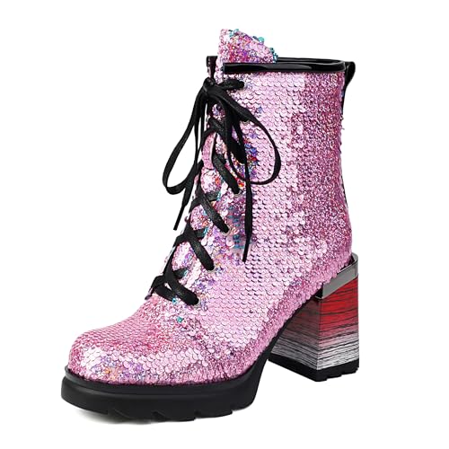 Bviennic Damen Stiefeletten Hohen Blockabsatz mit Plateau Mode Runde Zehen Schnüren Daily 2324 Pink Gr 40 EU/41Cn von Bviennic