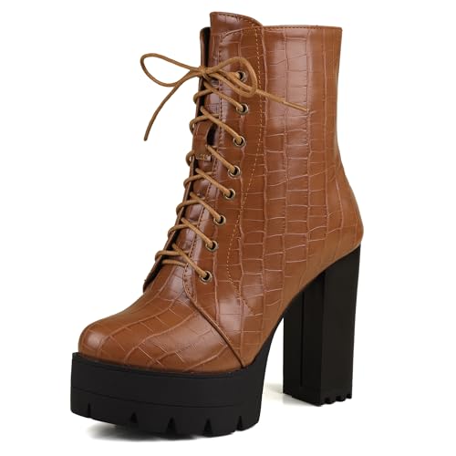 Bviennic Damen Stiefeletten Hohen Blockabsatz mit Plateau Mode Runde Zehen Schnüren Party Stiefeletten 2180 Braun Gr 36.5 EU/37Cn von Bviennic