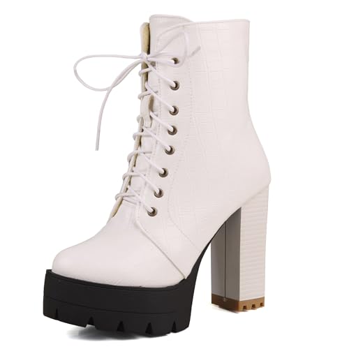 Bviennic Damen Stiefeletten Hohen Blockabsatz mit Plateau Mode Runde Zehen Schnüren Party Stiefeletten 2180 Weiß Gr 34 EU von Bviennic