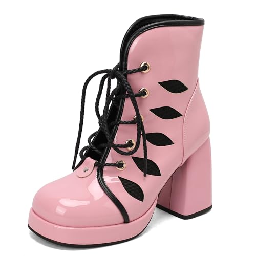 Bviennic Damen Stiefeletten Hohen Blockabsatz mit Plateau Mode Runde Zehen Schnüren Party Stiefeletten 2371 Pink Gr 38 EU/39Cn von Bviennic