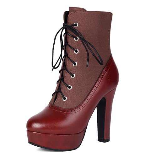 Bviennic Damen Stiefeletten Hohen Blockabsatz mit Plateau Mode Runde Zehen Schnüren Stretch Stiefeletten 2374 Braun Gr 36.5 EU/37Cn von Bviennic