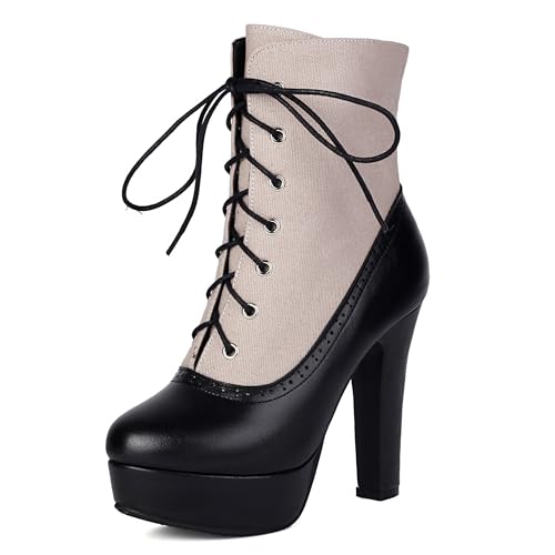 Bviennic Damen Stiefeletten Hohen Blockabsatz mit Plateau Mode Runde Zehen Schnüren Stretch Stiefeletten 2374 Grau Gr 41 EU/43Cn von Bviennic