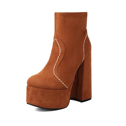 Bviennic Damen Stiefeletten Hohen Blockabsatz mit Plateau Mode Runde Zehen Zip Abend Stiefeletten 2218 Braun Gr 35 EU von Bviennic