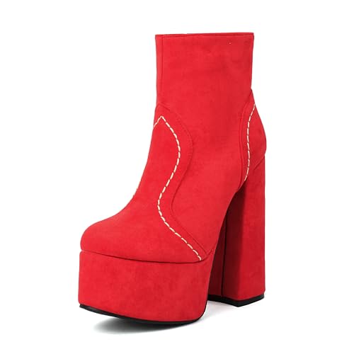 Bviennic Damen Stiefeletten Hohen Blockabsatz mit Plateau Mode Runde Zehen Zip Abend Stiefeletten 2218 Rot Gr 34 EU von Bviennic