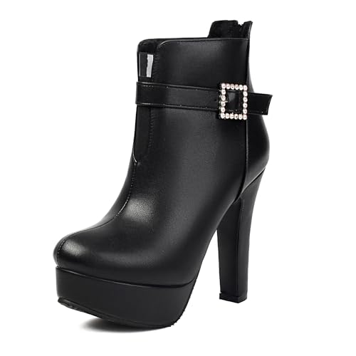 Bviennic Damen Stiefeletten Hohen Blockabsatz mit Plateau Mode Runde Zehen Zip Abend Stiefeletten 2357 Schwarz Gr 34 EU von Bviennic