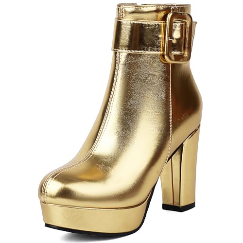 Bviennic Damen Stiefeletten Hohen Blockabsatz mit Plateau Mode Runde Zehen Zip Abend Stiefeletten 2432 Gold Gr 36.5 EU/37Cn von Bviennic