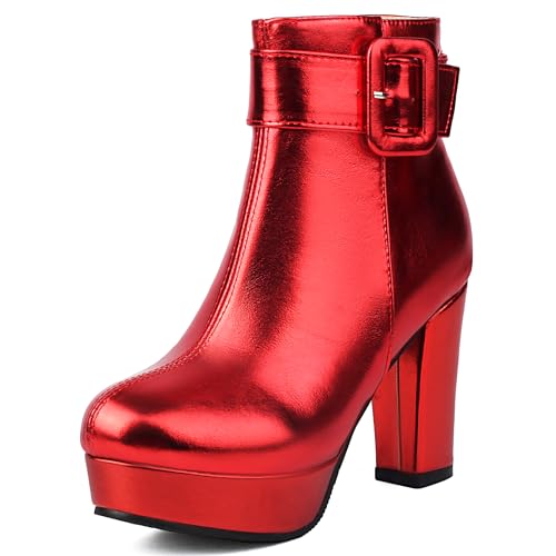 Bviennic Damen Stiefeletten Hohen Blockabsatz mit Plateau Mode Runde Zehen Zip Abend Stiefeletten 2432 Rot Gr 40 EU/41Cn von Bviennic