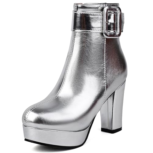 Bviennic Damen Stiefeletten Hohen Blockabsatz mit Plateau Mode Runde Zehen Zip Abend Stiefeletten 2432 Silber Gr 42 EU/44Cn von Bviennic