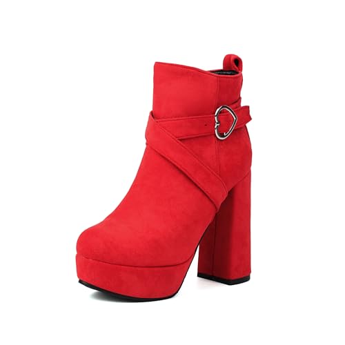 Bviennic Damen Stiefeletten Hohen Blockabsatz mit Plateau Mode Runde Zehen Zip Bridal Stiefel 2216 Rot Gr 42 EU/44Cn von Bviennic