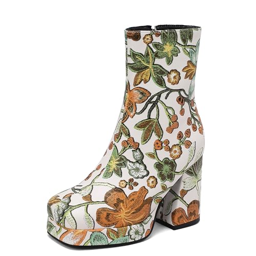 Bviennic Damen Stiefeletten Hohen Blockabsatz mit Plateau Mode Runde Zehen Zip Daily 2428 Grün Gr 33.5 EU/33Cn von Bviennic