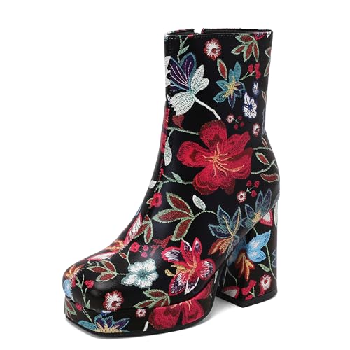 Bviennic Damen Stiefeletten Hohen Blockabsatz mit Plateau Mode Runde Zehen Zip Daily 2428 Schwarz Gr 39 EU/40Cn von Bviennic