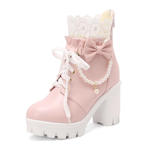 Bviennic Damen Stiefeletten Hohen Blockabsatz mit Plateau Mode Runde Zehen Zip Party 2400 Pink Gr 36 EU von Bviennic