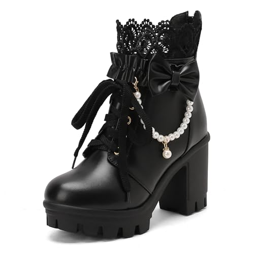 Bviennic Damen Stiefeletten Hohen Blockabsatz mit Plateau Mode Runde Zehen Zip Party 2400 Schwarz Gr 40 EU/41Cn von Bviennic