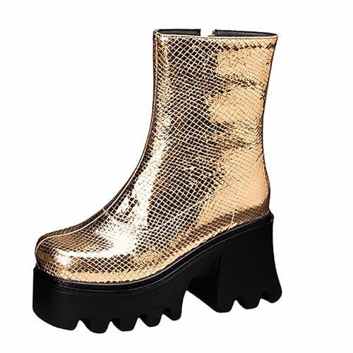 Bviennic Damen Stiefeletten Hohen Blockabsatz mit Plateau Mode Runde Zehen Zip Party 2402 Gold Gr 40.5 EU/42Cn von Bviennic