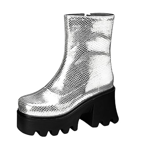 Bviennic Damen Stiefeletten Hohen Blockabsatz mit Plateau Mode Runde Zehen Zip Party 2402 Silber Gr 40.5 EU/42Cn von Bviennic