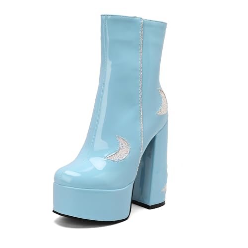 Bviennic Damen Stiefeletten Hohen Blockabsatz mit Plateau Mode Runde Zehen Zip Party 2483 Blau-Rl Gr 36.5 EU/37Cn Bviennic Damen Stiefeletten Hohen Blockabsatz mit Plateau Mode Runde Zehen Zip Party 2483 Blau-Rl Gr 36.5 EU/37Cn von Bviennic
