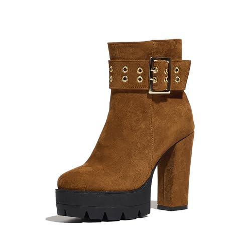 Bviennic Damen Stiefeletten Hohen Blockabsatz mit Plateau Mode Runde Zehen Zip Party Stiefeletten 2306 Braun Gr 38 EU/39Cn von Bviennic
