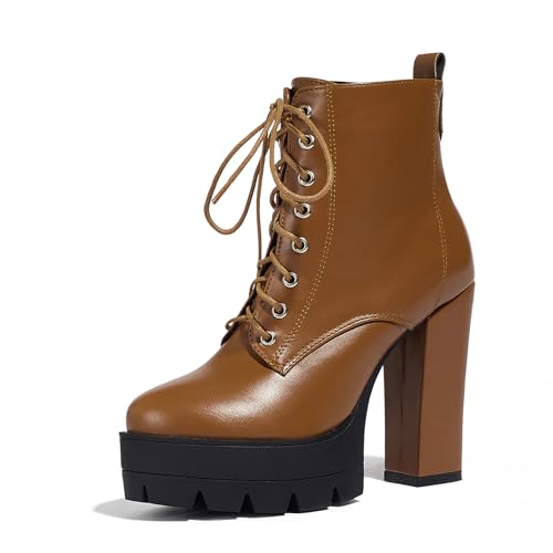 Bviennic Damen Stiefeletten Hohen Blockabsatz mit Plateau Mode Runde Zehen Zip Party Stiefeletten 2308 Braun Gr 40 EU/41Cn von Bviennic