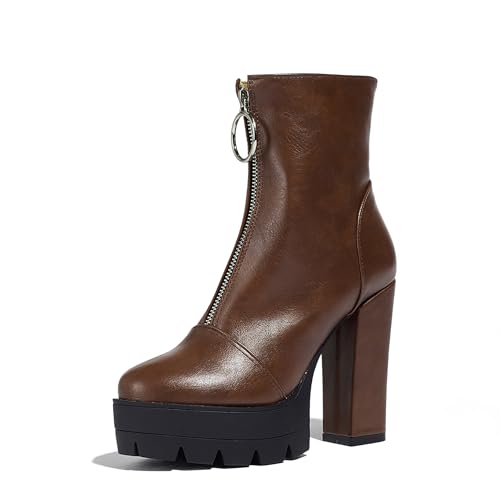 Bviennic Damen Stiefeletten Hohen Blockabsatz mit Plateau Mode Runde Zehen Zip Party Stiefeletten 2309 Braun Gr 40.5 EU/42Cn von Bviennic