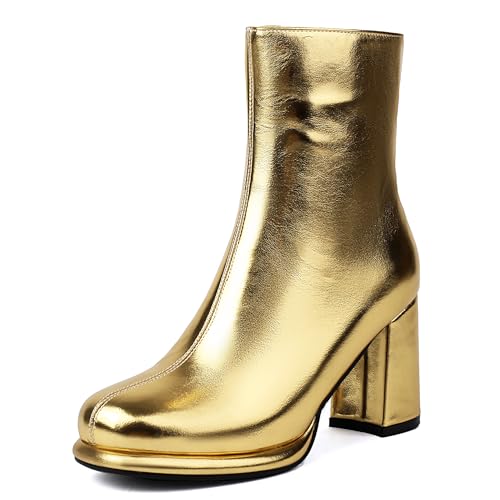 Bviennic Damen Stiefeletten Hohen Blockabsatz mit Plateau Mode Runde Zehen Zip Party Stiefeletten 2435 Gold Gr 33.5 EU/33Cn von Bviennic