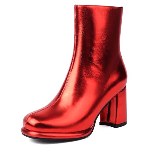 Bviennic Damen Stiefeletten Hohen Blockabsatz mit Plateau Mode Runde Zehen Zip Party Stiefeletten 2435 Rot Gr 43 EU/45Cn von Bviennic