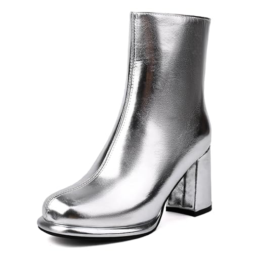 Bviennic Damen Stiefeletten Hohen Blockabsatz mit Plateau Mode Runde Zehen Zip Party Stiefeletten 2435 Silber Gr 34 EU von Bviennic