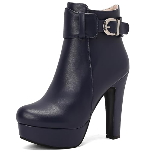 Bviennic Damen Stiefeletten Hohen Blockabsatz mit Plateau Mode Runde Zehen Zip Party Stiefeletten 2449 Blau Gr 35 EU von Bviennic