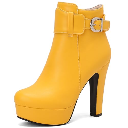 Bviennic Damen Stiefeletten Hohen Blockabsatz mit Plateau Mode Runde Zehen Zip Party Stiefeletten 2449 Gelb Gr 36.5 EU/37Cn von Bviennic