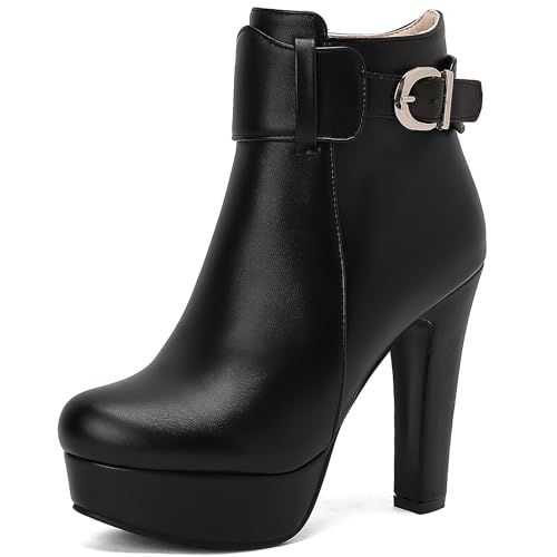 Bviennic Damen Stiefeletten Hohen Blockabsatz mit Plateau Mode Runde Zehen Zip Party Stiefeletten 2449 Schwarz Gr 34 EU von Bviennic