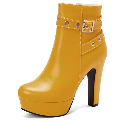 Bviennic Damen Stiefeletten Hohen Blockabsatz mit Plateau Mode Runde Zehen Zip Party Stiefeletten 2451 Gelb Gr 40.5 EU/42Cn von Bviennic