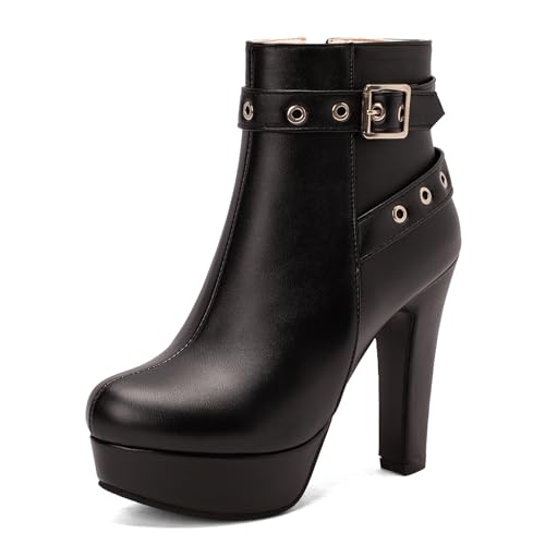 Bviennic Damen Stiefeletten Hohen Blockabsatz mit Plateau Mode Runde Zehen Zip Party Stiefeletten 2451 Schwarz Gr 37 EU/38Cn von Bviennic