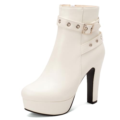 Bviennic Damen Stiefeletten Hohen Blockabsatz mit Plateau Mode Runde Zehen Zip Party Stiefeletten 2451 Weiß Gr 36 EU von Bviennic