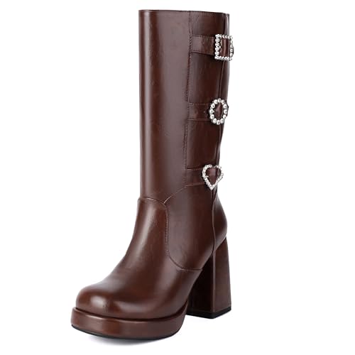 Bviennic Damen Stiefeletten Hohen Blockabsatz mit Plateau Mode Runde Zehen Zip Riding 2231 Braun Gr 40 EU/41Cn von Bviennic